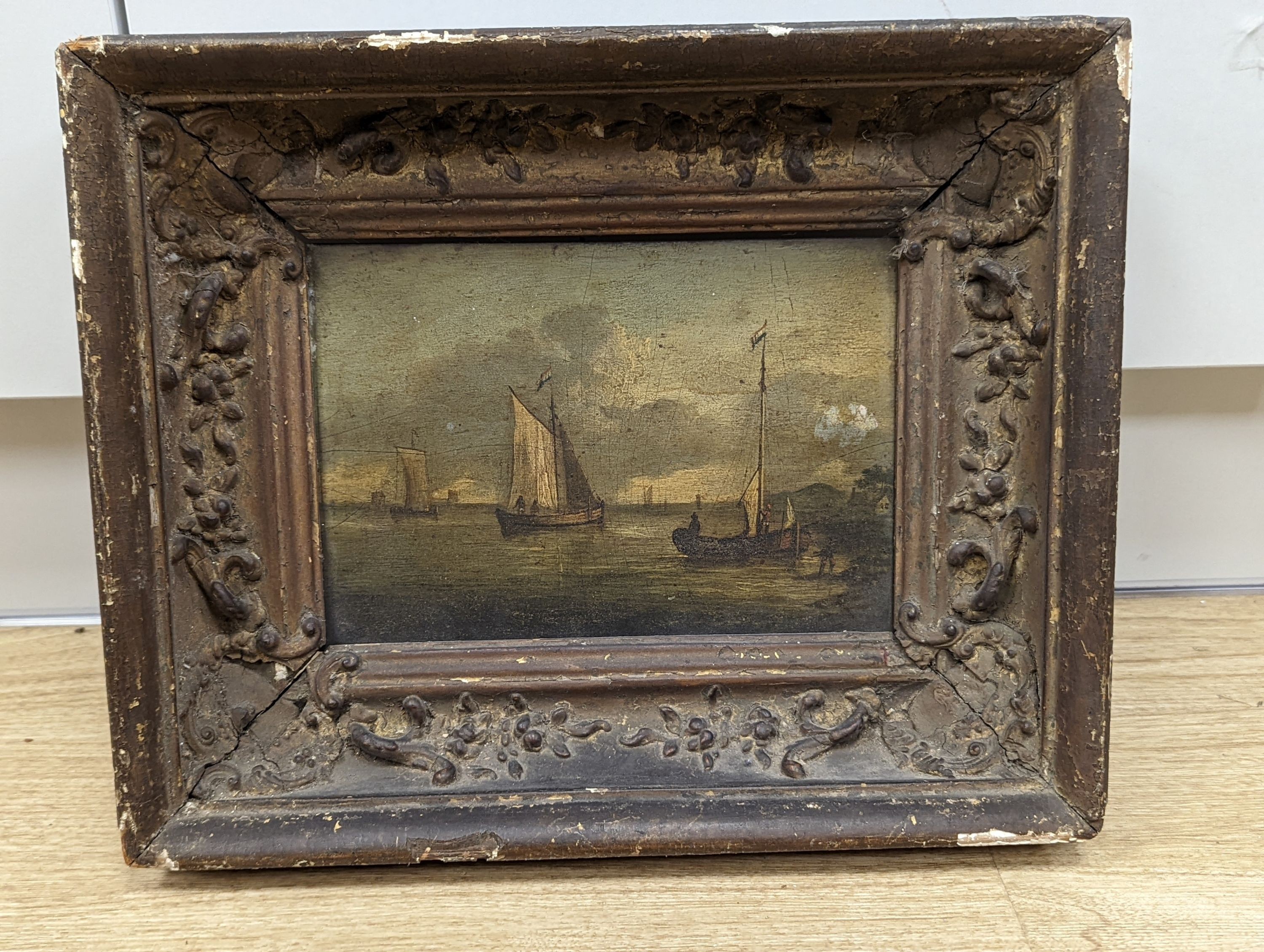 19th century Dutch School, oil on wooden panel, Fishing boats along the coast, 16 x 23cm